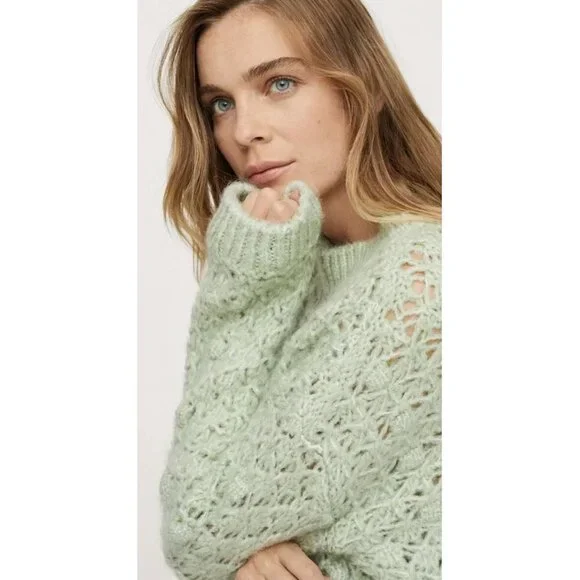 Mango Openwork‎ Cable Knit Cropped Sweater Green Women Size S - Picture 9 of 14